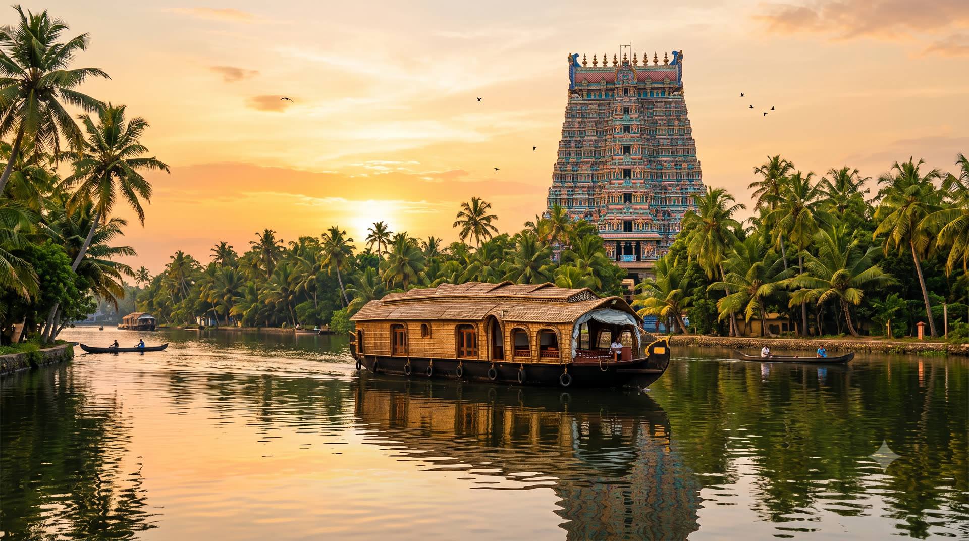 Temple and backwaters scene, representing the South India chapter