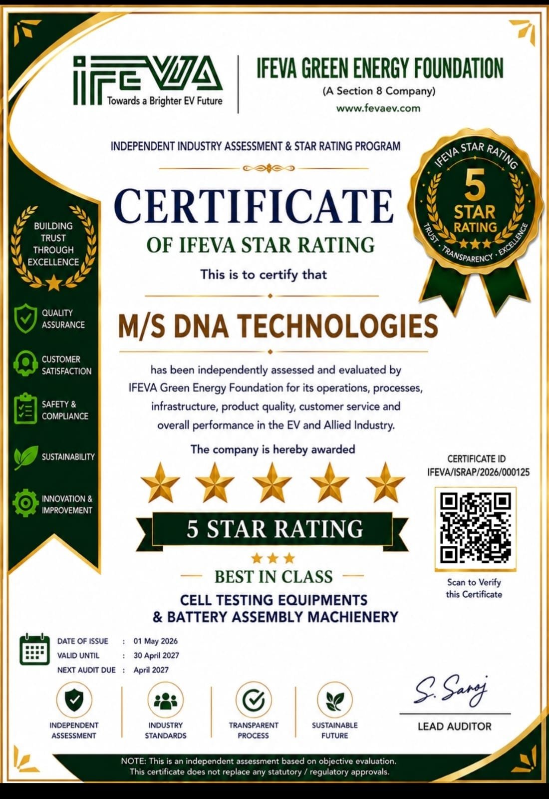 Sample IFEVA Certified Company certificate